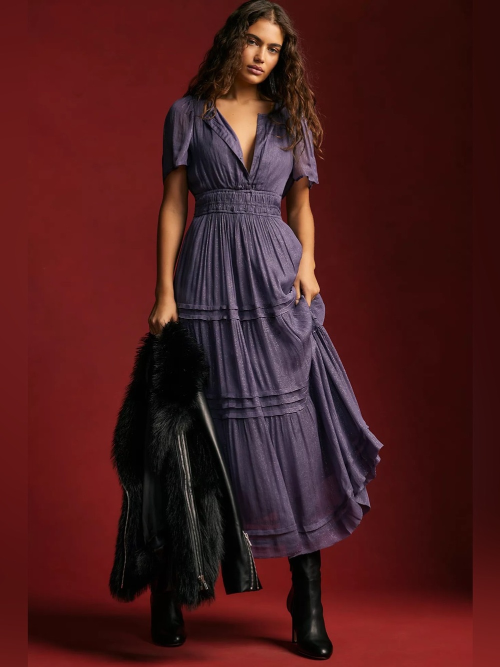 Anthropologie Somerset Maxi Dress Lurex Edition XS Metallic Smocked Tiered